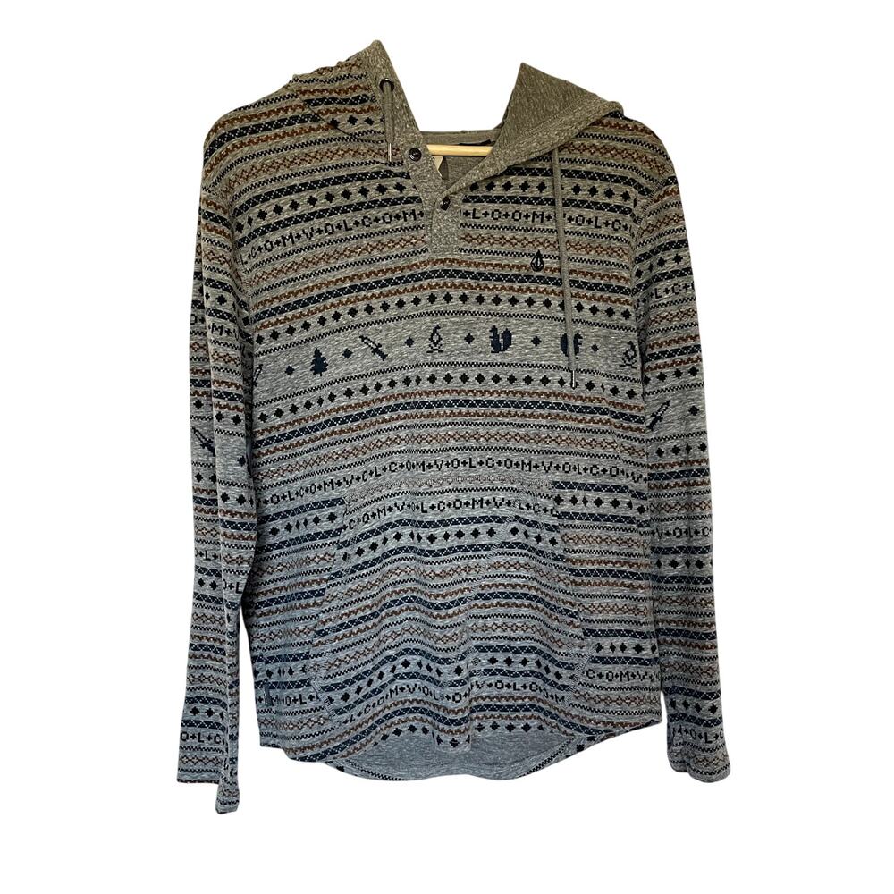 Volcom Gray Aztec Stripe Patterned Hoodie Sweater… - image 1